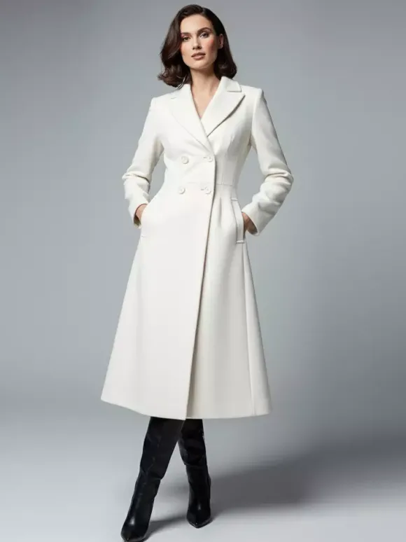 Manteau mi-long croisé en laine blanche avec revers pointus et découpe en X pour femme 2026