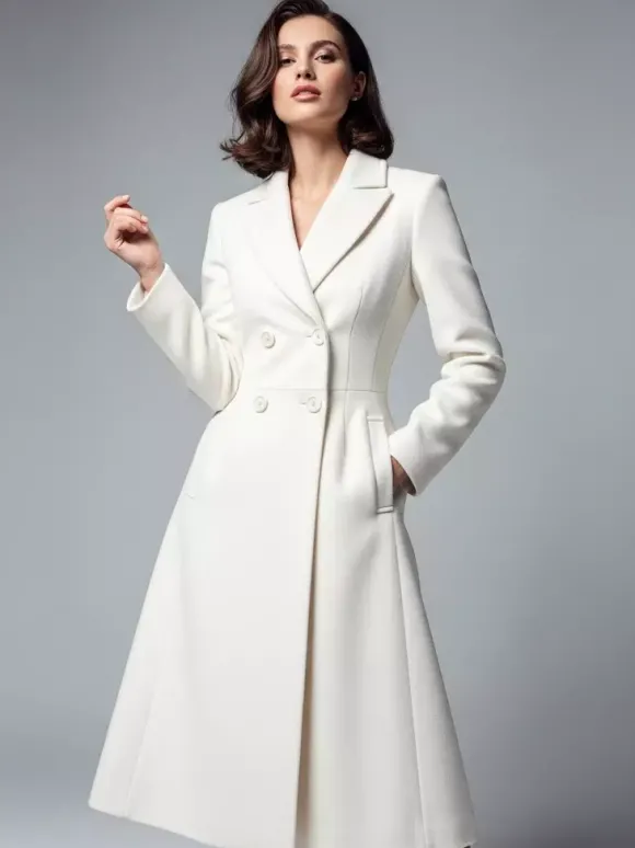 Manteau mi-long croisé en laine blanche avec revers pointus et découpe en X pour femme 2026