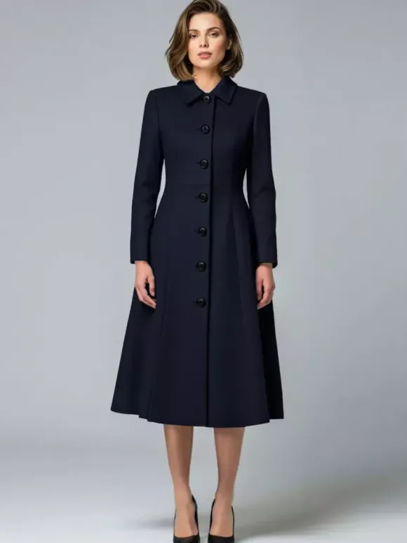 Manteau mi-long en laine coupe trapèze col chemise collection femme 2026