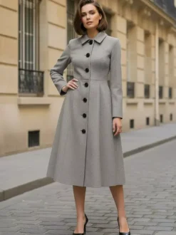 Manteau mi-long en laine coupe trapèze col chemise collection femme 2026