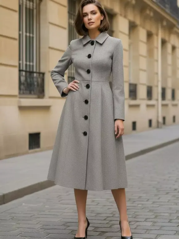 Manteau mi-long en laine coupe trapèze col chemise collection femme 2026