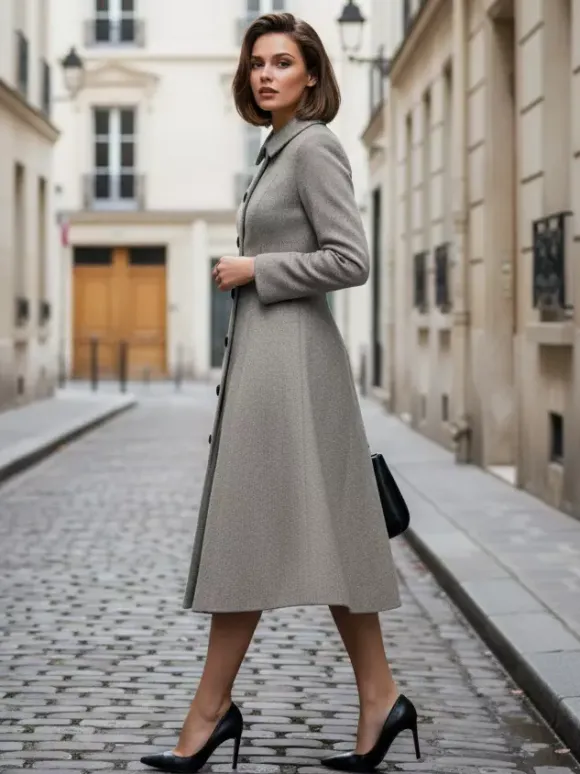 Manteau mi-long en laine coupe trapèze col chemise collection femme 2026