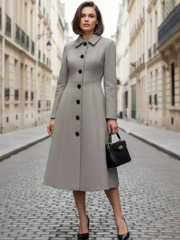 Manteau mi-long en laine coupe trapèze col chemise collection femme 2026