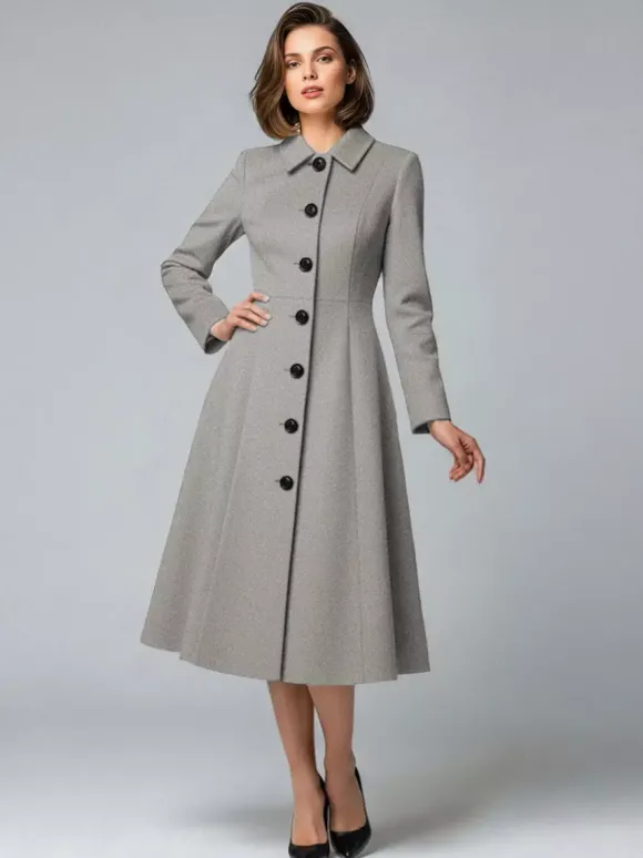 Manteau mi-long en laine coupe trapèze col chemise collection femme 2026