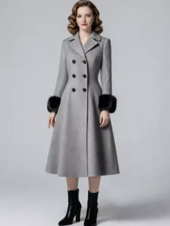 Manteau mi-long évasé croisé en laine mélangée avec poignets en fausse fourrure noire pour femme 2026