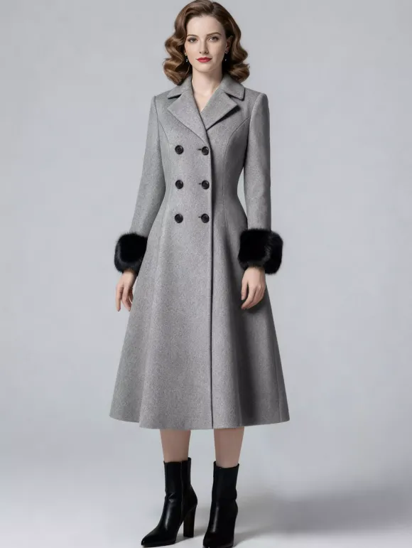 Manteau mi-long évasé croisé en laine mélangée avec poignets en fausse fourrure noire pour femme 2026