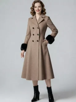 Manteau mi-long évasé croisé en laine mélangée avec poignets en fausse fourrure noire pour femme 2026