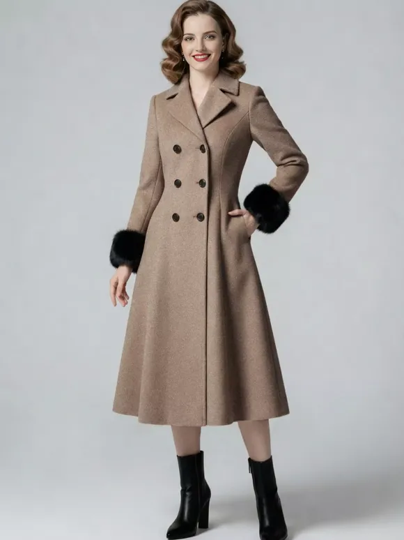 Manteau mi-long évasé croisé en laine mélangée avec poignets en fausse fourrure noire pour femme 2026