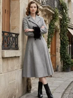 Manteau mi-long évasé croisé en laine mélangée avec poignets en fausse fourrure noire pour femme 2026