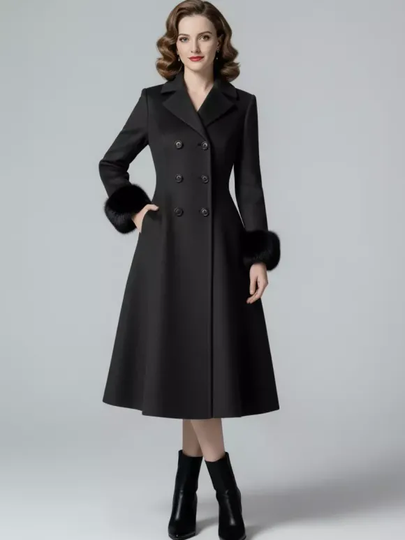 Manteau mi-long évasé croisé en laine mélangée avec poignets en fausse fourrure noire pour femme 2026