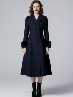 Manteau mi-long évasé croisé en laine mélangée avec poignets en fausse fourrure noire pour femme 2026