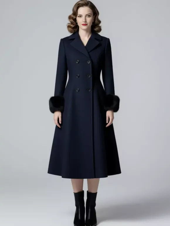 Manteau mi-long évasé croisé en laine mélangée avec poignets en fausse fourrure noire pour femme 2026
