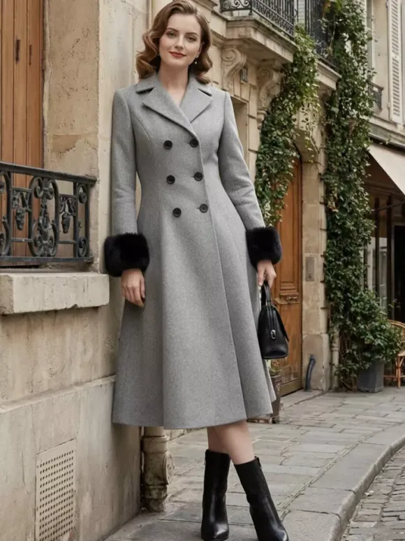 Manteau mi-long évasé croisé en laine mélangée avec poignets en fausse fourrure noire pour femme 2026