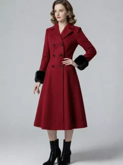 Manteau mi-long évasé croisé en laine mélangée avec poignets en fausse fourrure noire pour femme 2026