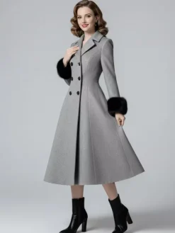 Manteau mi-long évasé croisé en laine mélangée avec poignets en fausse fourrure noire pour femme 2026
