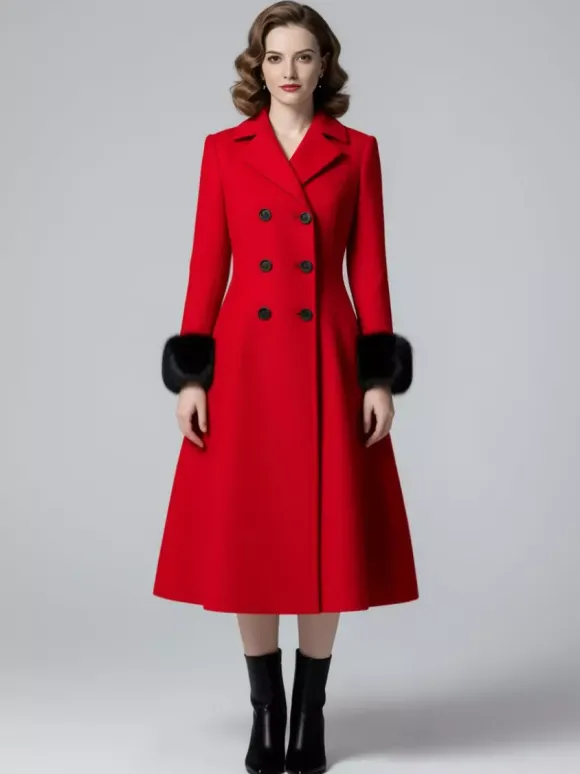 Manteau mi-long évasé croisé en laine mélangée avec poignets en fausse fourrure noire pour femme 2026