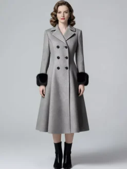 Manteau mi-long évasé croisé en laine mélangée avec poignets en fausse fourrure noire pour femme 2026