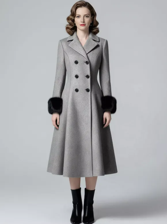 Manteau mi-long évasé croisé en laine mélangée avec poignets en fausse fourrure noire pour femme 2026