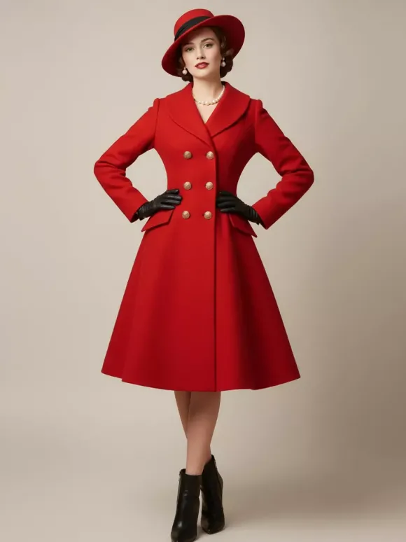 Manteau mi-long évasé en laine coupe trapèze croisé style vintage pour femme (collection 2026)