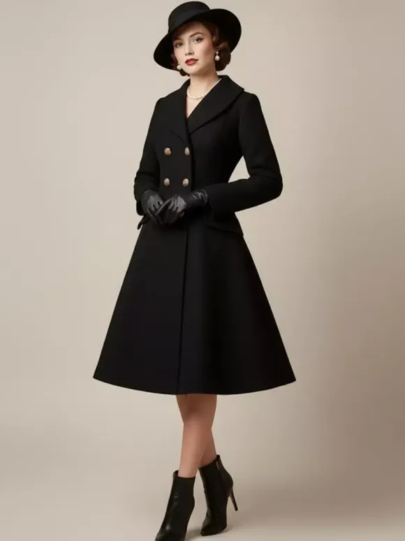 Manteau mi-long évasé en laine coupe trapèze croisé style vintage pour femme (collection 2026)