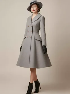 Manteau mi-long évasé en laine coupe trapèze croisé style vintage pour femme (collection 2026)
