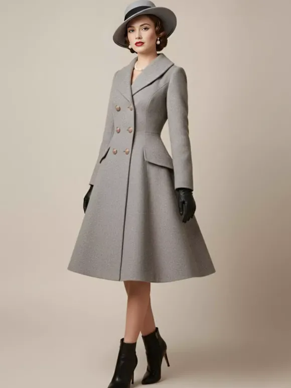 Manteau mi-long évasé en laine coupe trapèze croisé style vintage pour femme (collection 2026)