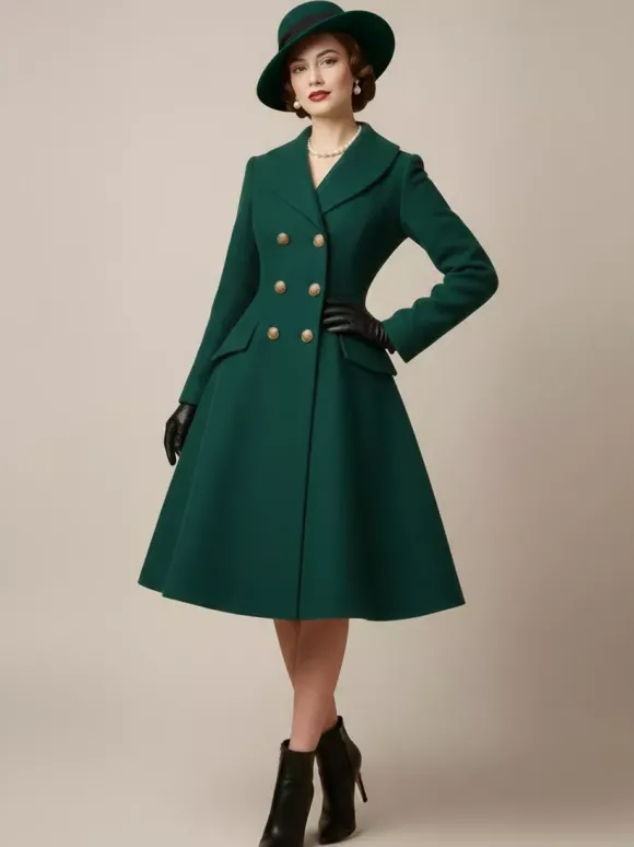 Manteau mi-long évasé en laine coupe trapèze croisé style vintage pour femme (collection 2026)