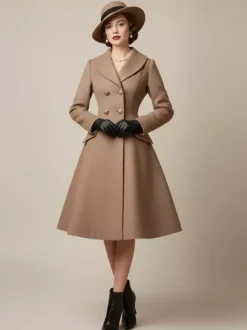 Manteau mi-long évasé en laine coupe trapèze croisé style vintage pour femme (collection 2026)