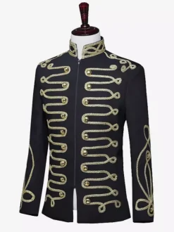 Manteau noir vintage à boutons rétro et blocs de couleurs à manches longues en polyester pour homme