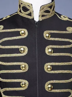Manteau noir vintage à boutons rétro et blocs de couleurs à manches longues en polyester pour homme