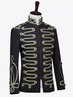 Manteau noir vintage à boutons rétro et blocs de couleurs à manches longues en polyester pour homme