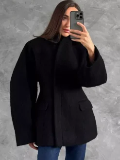 Manteau péplum en laine mélangée pour femme col montant manches chauve-souris et taille cintrée