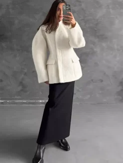 Manteau péplum en laine mélangée pour femme col montant manches chauve-souris et taille cintrée