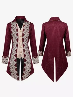 Manteau Rouge Vintage Haut Renaissance Imprimé Fleuri Manches Longues Veste Rétro Costumes Pour Homme Déguisement Vintage Bourgogne