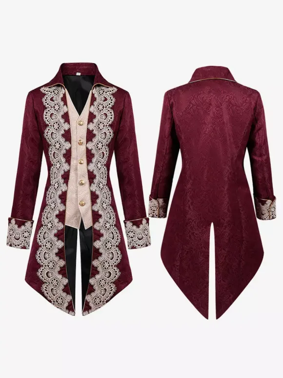Manteau Rouge Vintage Haut Renaissance Imprimé Fleuri Manches Longues Veste Rétro Costumes Pour Homme Déguisement Vintage Bourgogne