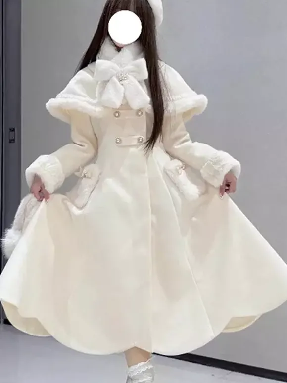 Manteau Sweet Lolita rose et blanc à n艙uds cape pardessus manteau d'hiver Lolita