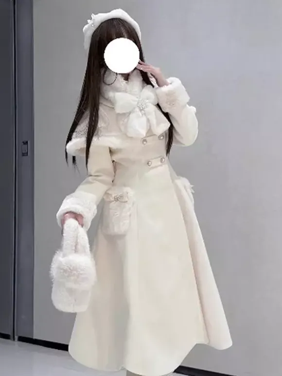 Manteau Sweet Lolita rose et blanc à n艙uds cape pardessus manteau d'hiver Lolita