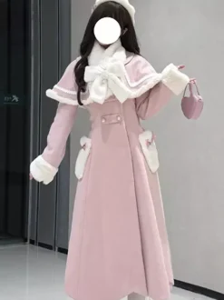 Manteau Sweet Lolita rose et blanc à n艙uds cape pardessus manteau d'hiver Lolita