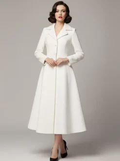 Manteau trapèze classique vintage en laine blanche à revers pour femme 2026