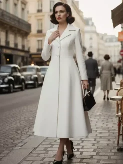 Manteau trapèze classique vintage en laine blanche à revers pour femme 2026