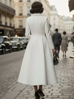 Manteau trapèze classique vintage en laine blanche à revers pour femme 2026