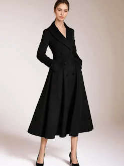 Manteau évasé en laine bordeaux à col châle vintage à double boutonnage pour femme vêtement d'extérieur d'hiver en forme de A 2026