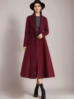 Manteau évasé en laine bordeaux à col châle vintage à double boutonnage pour femme vêtement d'extérieur d'hiver en forme de A 2026
