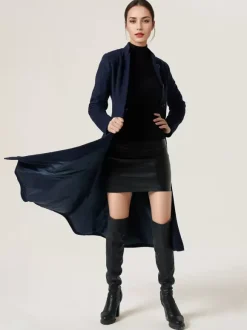 Manteau évasé en laine pour femme col montant ligne A élégant bleu marine foncé vêtements d'extérieur mi-longs d'hiver 2026