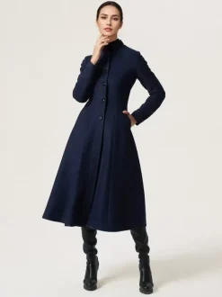 Manteau évasé en laine pour femme col montant ligne A élégant bleu marine foncé vêtements d'extérieur mi-longs d'hiver 2026