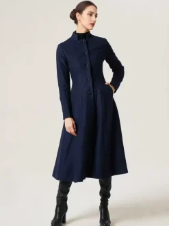 Manteau évasé en laine pour femme col montant ligne A élégant bleu marine foncé vêtements d'extérieur mi-longs d'hiver 2026