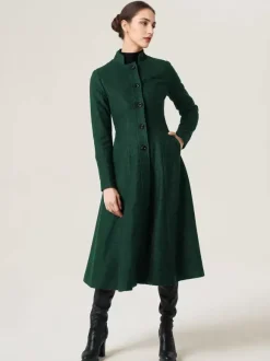 Manteau évasé en laine pour femme col montant ligne A élégant bleu marine foncé vêtements d'extérieur mi-longs d'hiver 2026