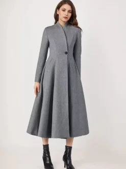 Manteau évasé en mélange de laine pour femme un bouton gris coupe trapèze vêtement d'extérieur mi-long d'hiver 2026