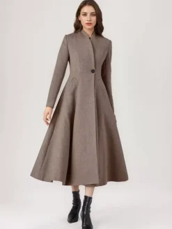 Manteau évasé en mélange de laine pour femme un bouton gris coupe trapèze vêtement d'extérieur mi-long d'hiver 2026