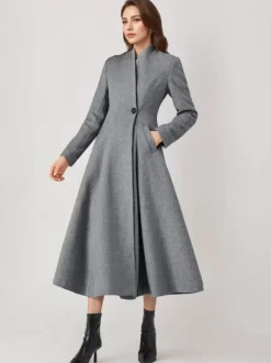 Manteau évasé en mélange de laine pour femme un bouton gris coupe trapèze vêtement d'extérieur mi-long d'hiver 2026